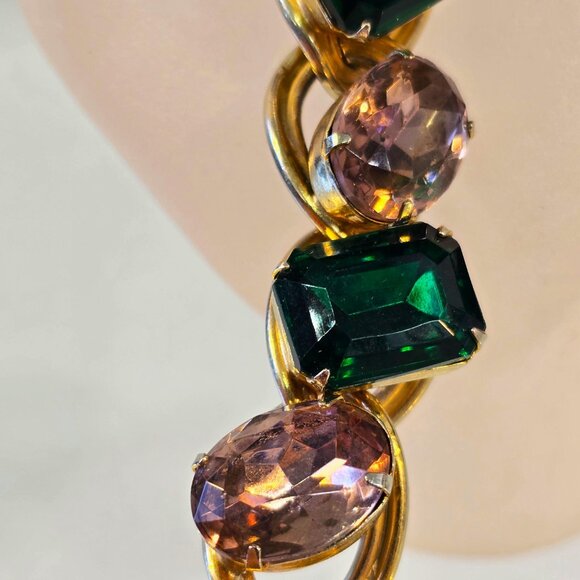 Mid-Century Clamper Bracelet Vintage Rhinestone Green Pink - Picture 7 of 9